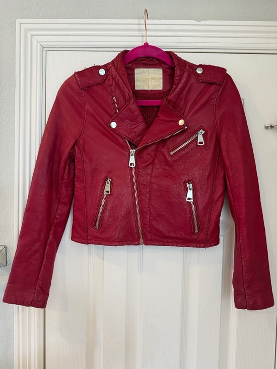 Maje Jackets & Blazers - Maje Paris Red “Bonnie” Lamb Leather Moto Jacket with Asymmetrical Zip